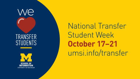 A yellow and blue graphic. "We love transfer students. National Transfer Student Week. October 17-21. umsi.info/transfer