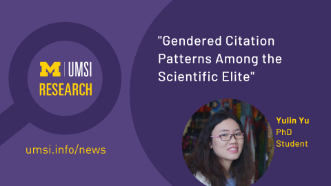 Purple background with photo of Yulin Yu. Text reads: "Gendered Citation Patterns Among the Scientific Elite."