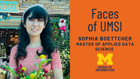 Faces of UMSI Sophia Boettcher, Master of Applied Data Science. Sophia holding a bouquet of flowers outside of a store.