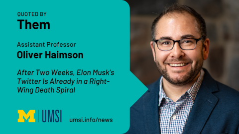 Quoted by Them. Assistant professor Oliver Haimson. After two weeks, Elon Musk's Twitter is already in a right-wing death spiral. 
