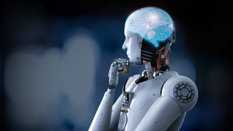 Illustration of a robot in profile with its hand on its chin. 