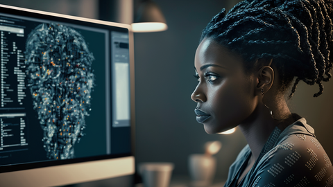 A woman sits at a computer looking at a scatter plot diagram. 