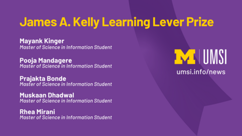 “James A. Kelly Learning Lever Prize. Mayank Kinger. Master of Science in Information Student. Pooja Mandagere. Master of Science in Information Student. Prajakta Bonde. Master of Science in Information Student. Muskaan Dhadwal. Master of Science in Information Student. Rhea Mirani. Master of Science in Information Student. UMSI.” 