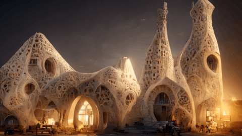 A digital illustration of a building made of white material with fractal designs carved into every surface. The building has multiple towers that are irregular shapes. It is evening and the building is lit from within.