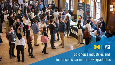 A crowd of UMSI students line up to speak with representatives at the 2022 UMSI Career Fair. Text on a blue triangular overlay reads "Top-choice industries and increased salaries for UMSI graduates"