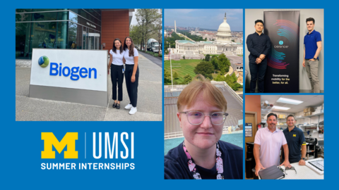A grid of four photos — one from each featured internship — with the UMSI logo and the text "summer internships" in the lower left corner