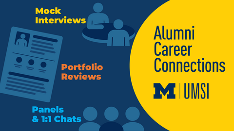 "Alumni Career Connections. Mock interviews. Portfolio reviews. Panels & 1:1 chats. UMSI."