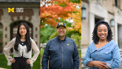 A photo of Allison He, a photo of Kyle Bylin and a photo of Tyler Musgrave appear side-by-side with the UMSI logo in the top left corner