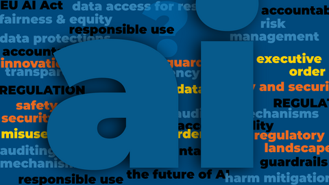 Giant "ai" in blue with background phrases reading "fairness and equity," "privacy and security," "regulatory landscape," "harm mitigation," "safety and security" in yellow, orange, and blue. 