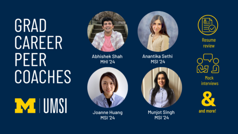 A graphic with the text "Grad Career Peer Coaches" and the UMSI logo, alongside headshots of Abhishek Shah, Anantika Sethi, Joanne Huang and Munjot Singh. Icons appear with the text "Resume review, mock interviews and more!" 