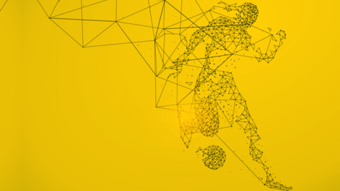 Figure kicking a ball in illustrative style suggesting data points and graphs