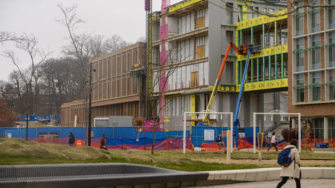 Construction site of Leinweber Computer Science and Information Building with exterior in progress.