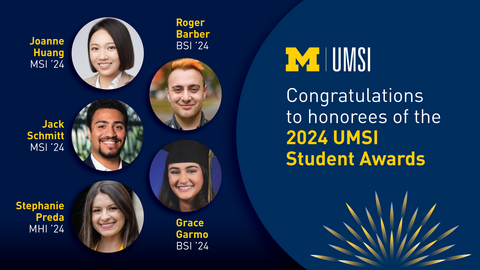 A graphic with the text "Congratulations to honorees of the 2024 UMSI Student Awards" and a photo of Joanne Huang (MSI '24), Roger Barber (BSI '24), Jack Schmitt (MSI '24), Grace Garmo (BSI '24) and Stephanie Preda (MHI '24)
