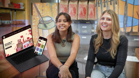 An image of Emily Veguilla and Bella Mai with RoosRoast coffee bags on a shelf behind them, overlaid with their prototypes of the RoosRoast homepage and mobile experience.
