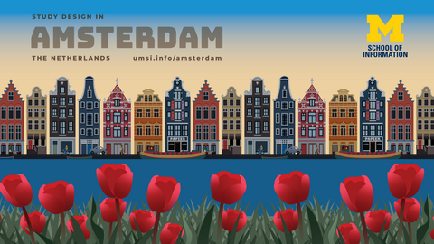 A graphic with an illustration of Amsterdam houses on a canal and the text "Study abroad in Amsterdam, the Netherlands, umsi.info/amsterdam" beside the UMSI logo