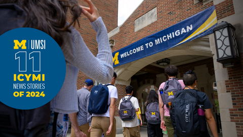 Students walk into brick university building, some wearing UMSI backpacks. Banner on building reads "Welcome to Michigan." Text on image reads "11 ICYMI news stories of 2024."