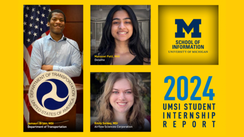 A graphic with the text "2024 UMSI Student Internship Report," the UMSI logo, and photos of three students