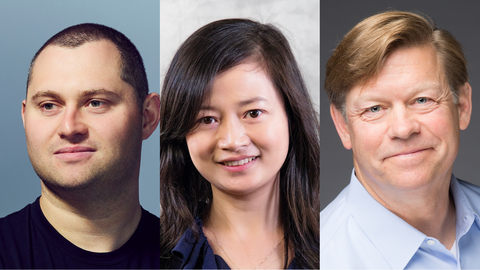 Side-by-side headshots of Mark Gurman, Yunyao Li and John Thompson