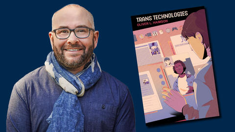 Oliver Haimson smiling and wearing a blue and white scarf with a photo of his new book "Trans Technologies." 