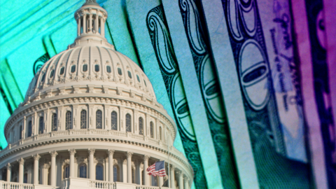 A photo of the White House around $20 bills in purple and blue. 