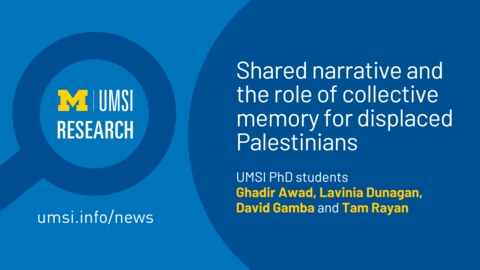 UMSI Research. Shared narrative and the role of collective memory for displaced Palestinians. UMSI PhD students Ghadir Award, Lavinia Dunagan, David Gamba and Tam Rayan. 