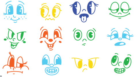 Colorful sketches of emotions in rows of five depicting various emotions. 