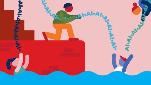 Two caricatures are drowning in what appears to be water, while two other caricatures above them holding a string of the word "AI" reel them in. There is a red ship, blue water, and a light pink background.  