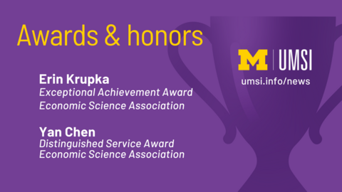 Awards and Honors. Erin Krupka. Exceptional Achievement Award. Economic Science Association. Yan Chen Distinguished Service Award. Economic Science Association. 