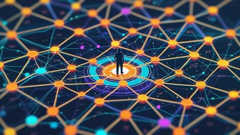 An AI-generated image representing a human behavior-centered AI predictive model. It shows a figure standing in the middle of some concentric circles with a network of nodes spreading out from the circles to beyond the edges of the image. 