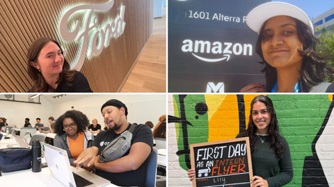 Four images in a grid show a student in front of a Ford sign, a student in front of an Amazon sign, a student gesturing to a laptop while speaking to someone, and a student holding a "First Day as an Intern Flyer" chalkboard sign