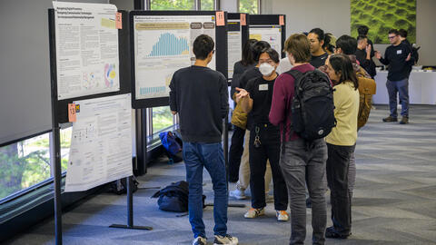 Alt text:  A group of graduate students stand in a bright indoor space, gathered around research posters displayed on black presentation boards.