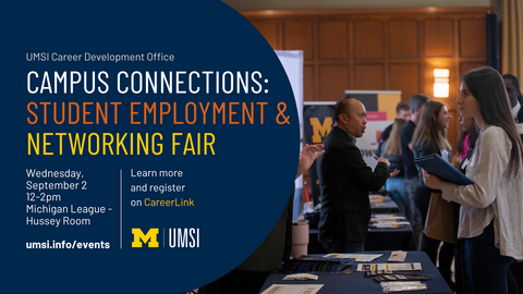 Left half of the image is a blue background with white, orange, and yellow text listing out event details. On the right half is a photo of a woman with long brown hair in conversation in a job fair setting.