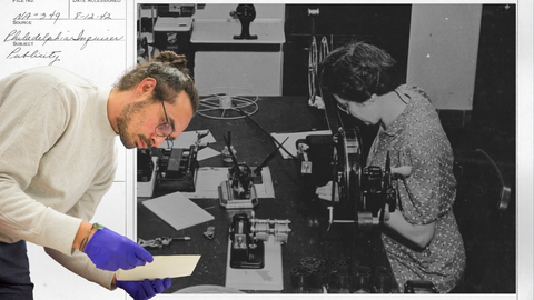 A collage that shows Eli holding a material from the archive while facing a black and white image of Dorothy 