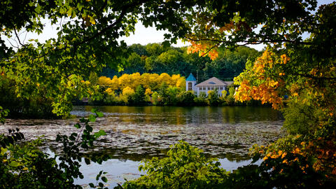 A view of the Huron River through fall foliage at Argo Nature Area in fall 2020