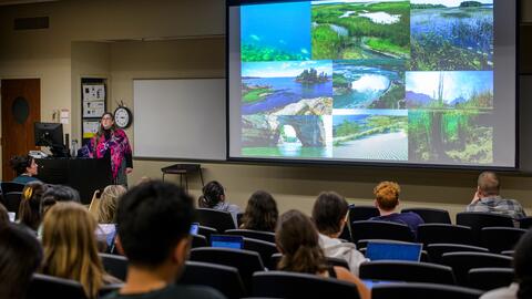 Rochelle Sturtevant speaks to a class of students in SI 307 Introduction to User Experience Design. A projector screen shows a grid of images of water and wetlands.
