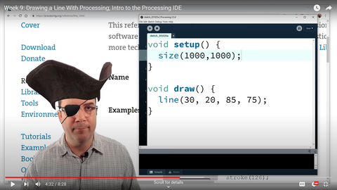 Christian green screened into a computer with lines of code wearing a pirate hat