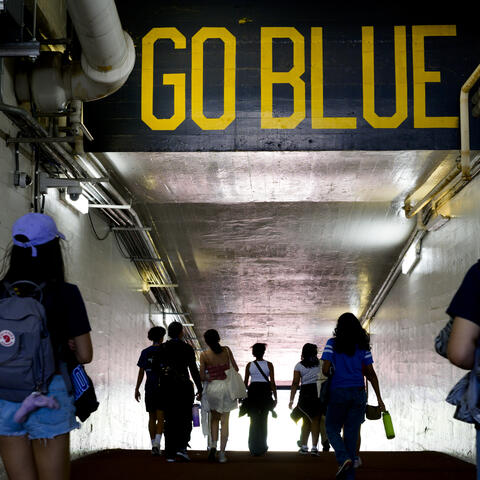 Students walk under a "Go Blue" mural in the tunnel entering the field at Michigan Stadium