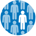 A logo depicting blue stick figure people. One is white. The Background is blue. 
