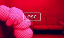 The ESC logo: a figurative escape key over an artistic pink and red background