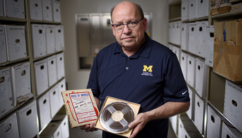 Paul Conway holds a reel-to-reel tape with its matching broadcast script.
