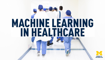 Healthcare workers walking down a corridor with superimposed text "Machine learning in healthcare"