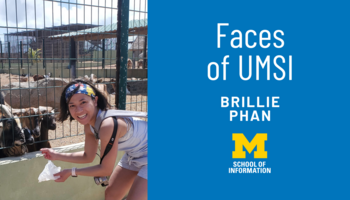 Brillie Phan crouching in front of goats behind a fence. "Faces of UMSI: Brillie Phan"