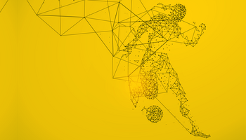 Abstract digital illustration of a human figure comprised of variously sized nodes connected by straight lines of differing length. The figure is poised to kick a soccer ball illustrated in the same style. The background is plain yellow. 