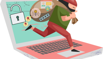 Cartoon robber running across a laptop with a bag full of passwords and personal information. 