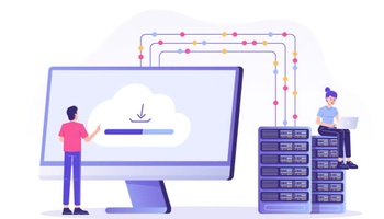 Cartoon of person looking at a giant computer screen that displays a cloud symbol. The screen is connected to servers by wires, and a person is sitting on top of a stack of servers, looking at their laptop. 