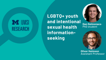 Magnifying glass graphic. "LGBTQ+ youth and intentional sexual health information-seeking." Headshot of Dan Delmonaco, PhD student, Oliver Haimson, Assistant professor.