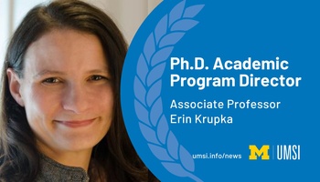 Woman with brown hair smiles. Blue background: Ph.D. Academic Program Director