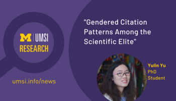 Purple background with photo of Yulin Yu. Text reads: "Gendered Citation Patterns Among the Scientific Elite."