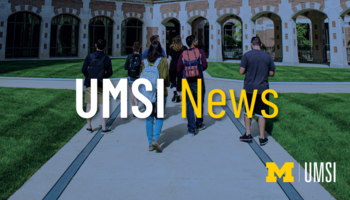 "UMSI News." A photo of seven students walking on campus. 