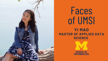 Faces of UMSI: Yi Mao, Master of Applied Data Science. Yi Mao sitting on a tree overlooking the ocean.